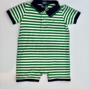 Polo Ralph Lauren Romper 12M Collared Shortall Green Stripe Pony Preppy Classic